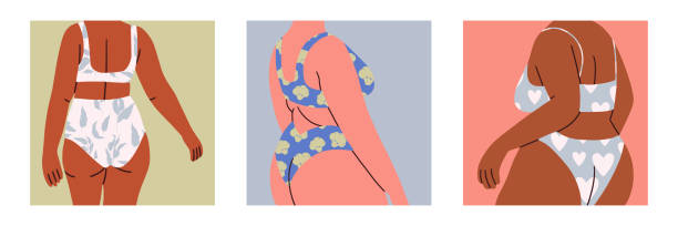 illustrazioni stock, clip art, cartoni animati e icone di tendenza di donne in bikini. biancheria intima da spiaggia. corpo sano, corpo positivo. - body shape