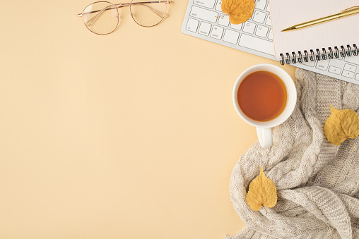 Top view photo of workspace keyboard glasses golden pen organizer cup of tea grey scarf and yellow autumn leaves on isolated beige background with copyspace
