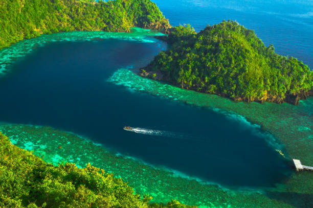 lagon en forme de cœur sur l’île karawapop, misool raja ampat - archipel raja ampat photos et images de collection