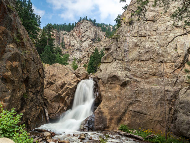Bridal Veil Falls is a 365-foot waterfall on the San Miguel River which flows out of the San Juan Mountains. The falls are at 10,279 feet above sea level at the end of the box canyon overlooking Telluride, Colorado, USA.