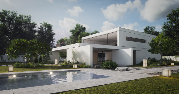 A modern barn house with a mezzanine, large windows, and a lovely terrace with a garden  - 3d render