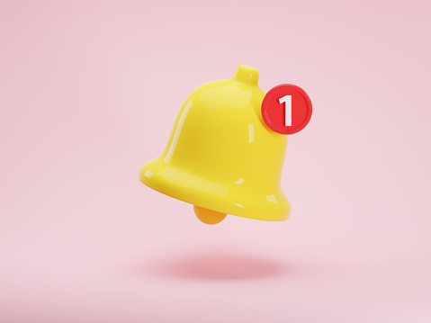 Icono de renderizado 3d de campana de notificación amarilla brillante con un nuevo mensaje aislado sobre fondo rosa. Recordatorio de evento de aviso de redes sociales. Ilustración de renderizado 3D, concepto de mensaje de notificación photo