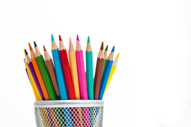 Colored pencils in a pencil case on white background stock photo