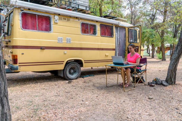 istock woman using laptop next to her motor home while camping in nature 1334696974