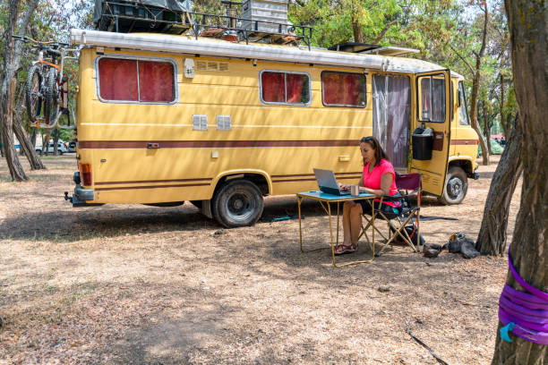 woman using laptop next to her motor home while camping in nature