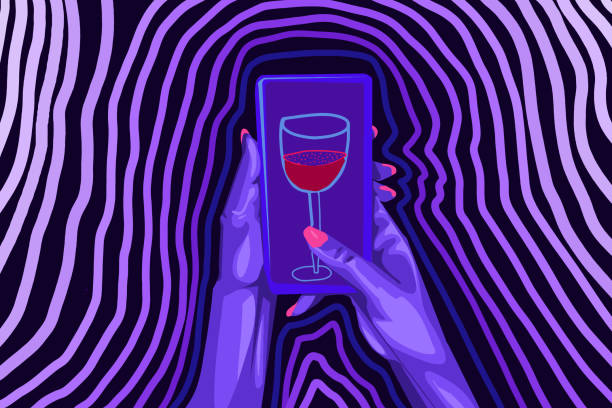 ilustraciones, imágenes clip art, dibujos animados e iconos de stock de aplicación retro: pedidos de vino en línea - glass drink alcohol red