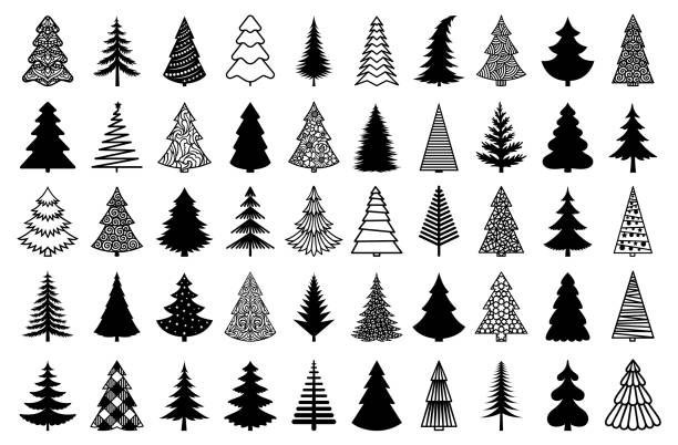 Christmas tree black silhouette. Vector set template for laser, paper cutting. Christmas tree black silhouette. Vector set template for laser, paper cutting. Decorative ornate illustration. Trees for cards, flyers, print. Modern design for winter holidays. Home decoration. snowflake shape silhouettes stock illustrations