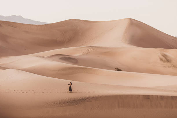 istock Woman looking at camera standing in desert dunes 1334700512