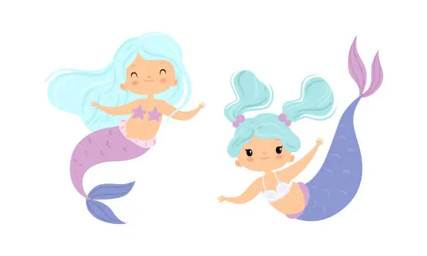 Vector illustration of Mermaid with Waving Hair Floating Underwater Vector Set