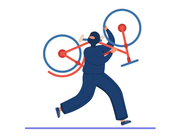 Thief cartoon character in mask stealing bicycle Thief cartoon character in mask stealing bicycle. Criminal running away with stolen bike flat vector illustration. Crime, theft, security concept for banner, website design or landing web page cartoon burglar stock illustrations