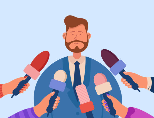 Public press taking interview with cartoon man in suit Public press taking interview with cartoon man in suit. Guy giving comments and opinion to journalists holding microphones flat vector illustration. Journalism, television concept for banner interview stock illustrations