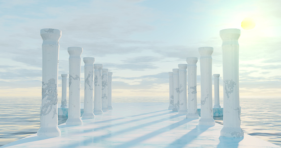 3d rendering. Round and avenue of marble stone and old dilapidated columns, illuminated by sunlight at sunset, is located on the water surface of the ocean with clouds.