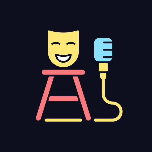 Stand up show RGB color icon for dark theme Stand up show RGB color icon for dark theme. Comedic performance. Concert with jokes. Media genre. Isolated vector illustration on night mode background. Simple filled line drawing on black comedy mask stock illustrations