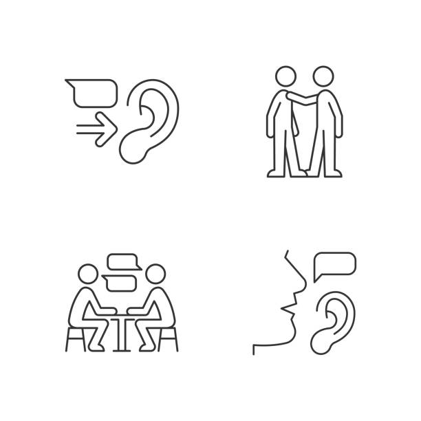ilustraciones, imágenes clip art, dibujos animados e iconos de stock de conjunto de iconos lineales de comunicación verbal y no verbal - escuchar