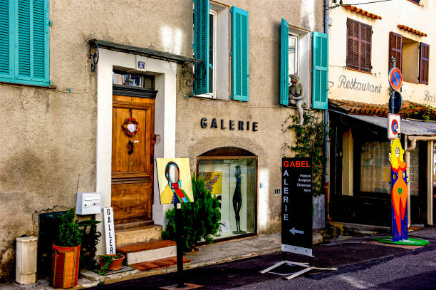 The Galleries of Biot This photo shows one of the many art galleries in the hill town of Biot, France on the French Riviera. biot stock pictures, royalty-free photos & images