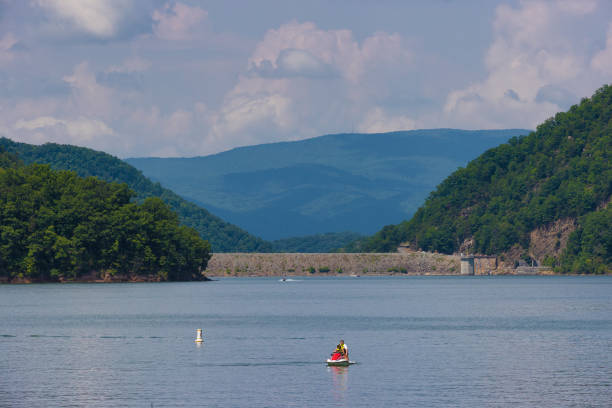 Young woman in swimsuit jumps into calm lake with arms outstretched. Scenic landscape with serene waters. Leisure and nature adventure in summer.