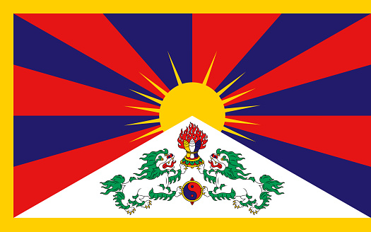 The flag of Tibet. Drawn in the correct aspect ratio. File is built in the CMYK color space for optimal printing, and can easily be converted to RGB without any color shifts. Also known as the ‘Free Tibet Flag’.