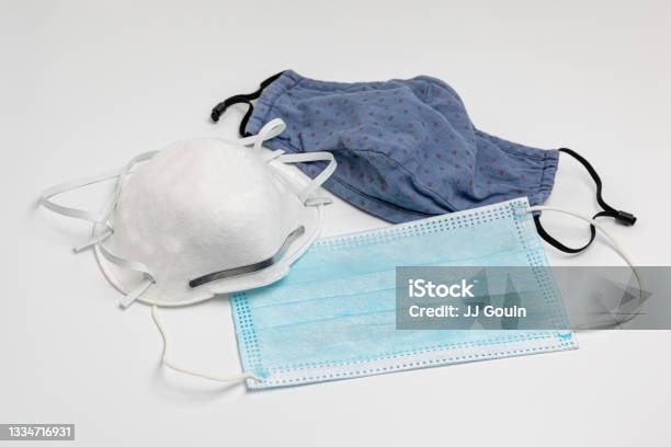 N95 Surgical And Cloth Face Masks Covid19 Face Mask Choices Comparison And Protection Concept Stock Photo - Download Image Now