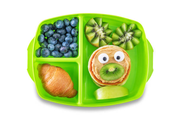 istock Kid's healthy breakfasts with funny faces in a container on a white isolated background 1334717781