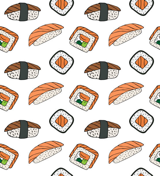 ilustraciones, imágenes clip art, dibujos animados e iconos de stock de patrón vectorial sin fisuras de garabato dibujado a mano boceto de sushi de color rollo de sushi - sushi cartoon food wallpaper pattern