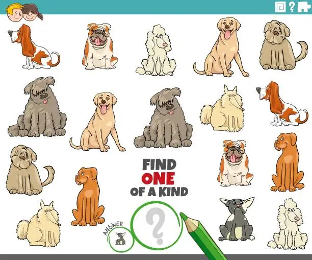 Vector illustration of one of a kind game for kids with cartoon dog breeds