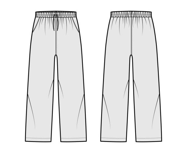 ilustrações, clipart, desenhos animados e ícones de pull-on pants sport treinamento shorts ilustração técnica de moda com cintura baixa elástica, ascensão, cordões, bolsos - calças