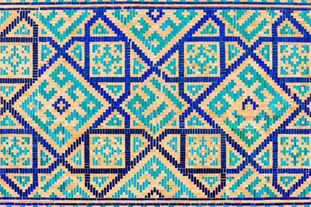 Registan mosaic pattern design background, Samarkand Registan mosaic pattern design background of ceramic tiles of Registan madrasah in Samarkand city, Uzbekistan samarkand stock pictures, royalty-free photos & images