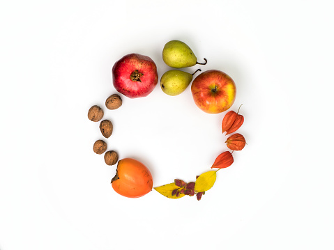 Flat lay autumn fruits frame with copy space