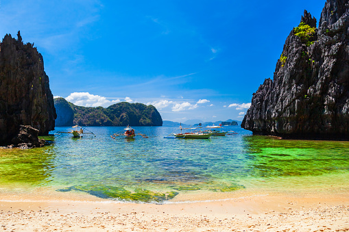 Beach with white sand, coconut palms and turquoise water in El Nido province, Palawan island in Philippines