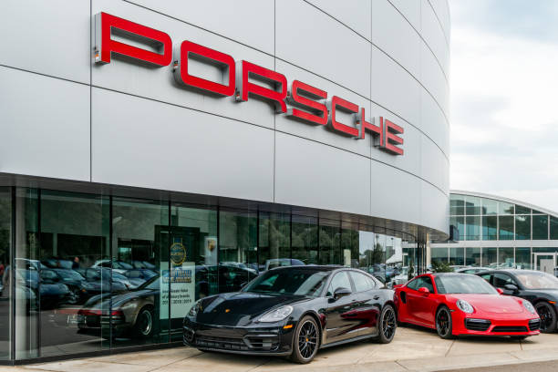 Porsche Automotive Dealership Exterior and Trademark Logo stock photo