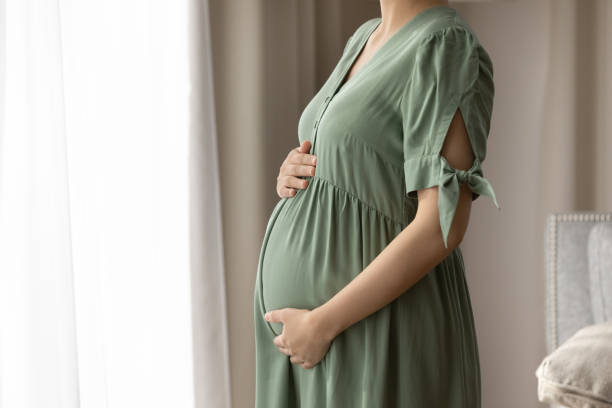 Expectant mother wearing dress for pregnant, holding big baby bump Expectant mother wearing dress for pregnant, holding big baby bump, feeling kicks, touching and hugging belly with love and care. Childbirth, pregnancy, clothes for expecting concept bumpy photos stock pictures, royalty-free photos & images