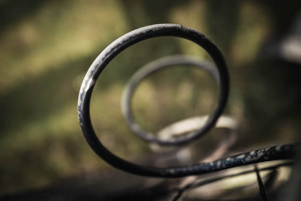 Close up of a swirl pattern with a flower in an old metal fence. The fence has growing moss on it and is cracked and the color is peeling off, and is partly rusty.