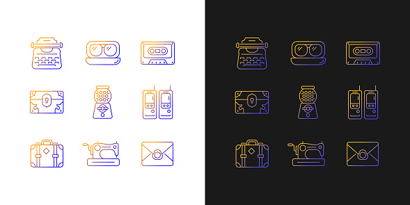 Vintage-inspired style gradient icons set for dark and light mode. Typewriter. Aviator glasses. Thin line contour symbols bundle. Isolated vector outline illustrations collection on black and white