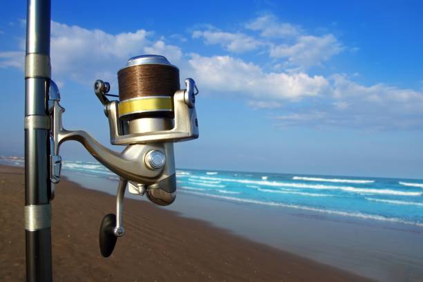 Beach surfcasting spinning fishing reel and rod Beach surfcasting spinning fishing reel and rod in tropical sea sea fishing stock pictures, royalty-free photos & images