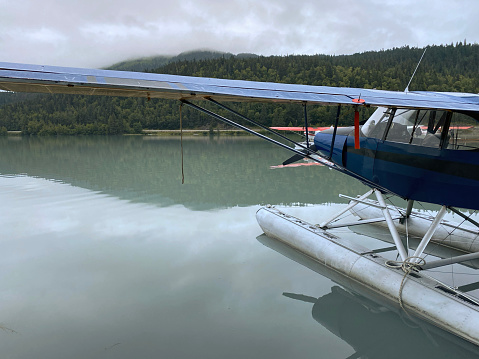 Close up of seaplane floating on calm lake in the mountains