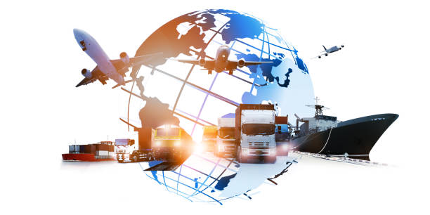 The world logistics , there are world map with logistic network distribution on background and Logistics Industrial Container Cargo freight ship for Concept of fast or instant shipping