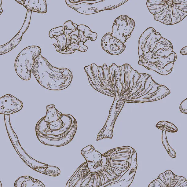 Vector illustration of Line Art Forest Mushroom Seamless Pattern