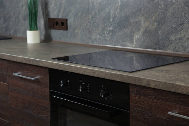 Interior of modern kitchens in dark colors. High quality photo