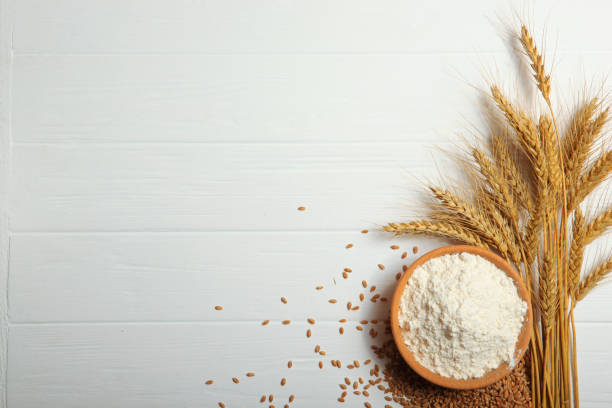 istock Wheat flour and spikelets of wheat on a light background 1334758161