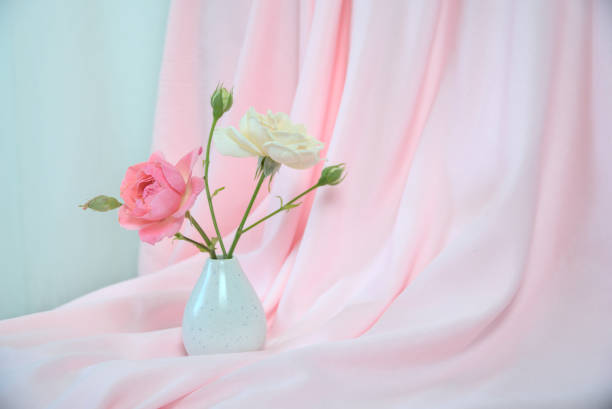 An elegant arrangement featuring pink lilies and snapdragons in a green-striped vase on a table. The sunlight streaming through sheer curtains adds warmth to the serene indoor scene.