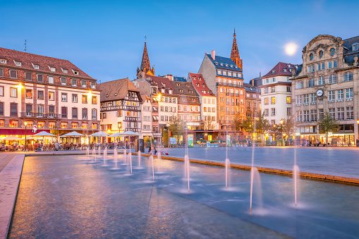 Place Kleber town square in downtown Strasbourg, Alsace, France at night