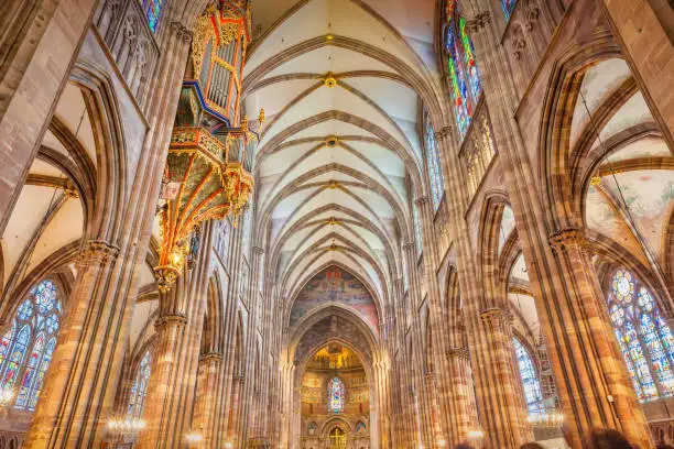 Interior of the landmark Strasbourg Cathedral in Strasbourg, Alsace, France.