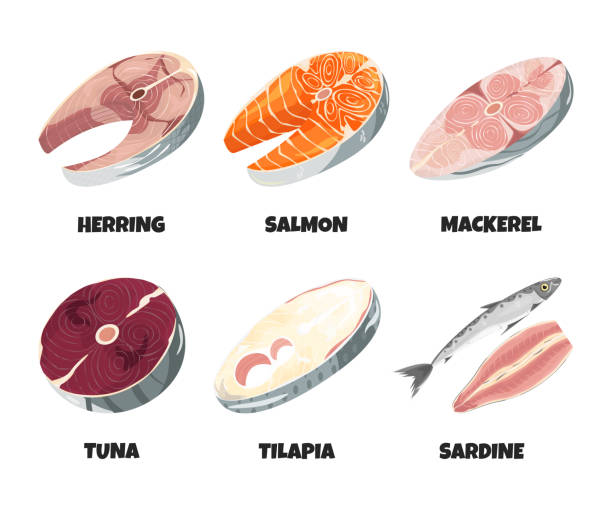 illustrazioni stock, clip art, cartoni animati e icone di tendenza di collezione di bistecche di pesce fresco crude isolate su bianco - tuna