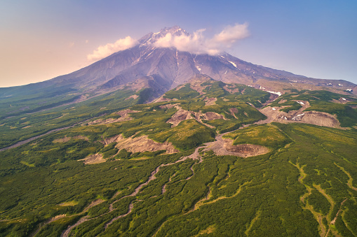 Active volcano Koryaksky or Koryakskaya Sopka. Stratovolcano 3,456 meters (11,339 ft) high. Kamchatka peninsula.