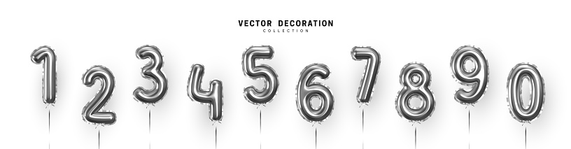 Silver Number Balloons 0 to 9. Foil and latex balloons. Helium ballons. Party, birthday, celebrate anniversary and wedding. Realistic design elements. Festive set isolated. vector illustration