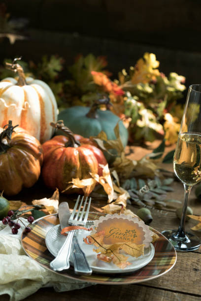 Autumn Dining Table Autumn place setting and a centerpiece with pumpkins, gourds and holiday decor arranged against an old wood background gourd photos stock pictures, royalty-free photos & images