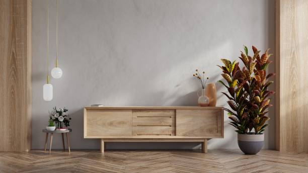 istock Simple minimal cabinet for tv interior wall mockup. 1334772859