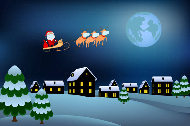 istock Santa Claus in mask flying on reindeer sledge. Vector illustration 1334772900