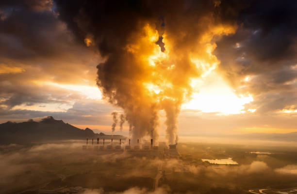 coal power plant and fog. - environmental damage power station factory smoke stack imagens e fotografias de stock