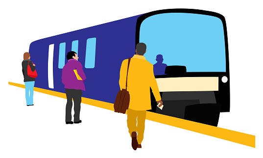 Flat design colorful illustration of a commute train and passengers waiting to get on board